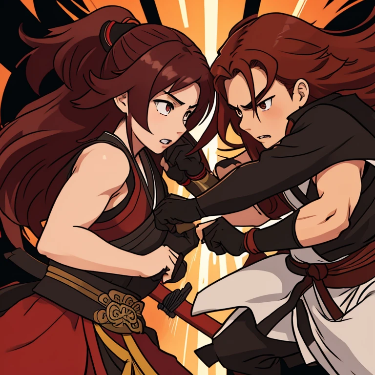 Samurai girl with long brown and red hair fighting against a ninja boy with short black hair with his mouth covered