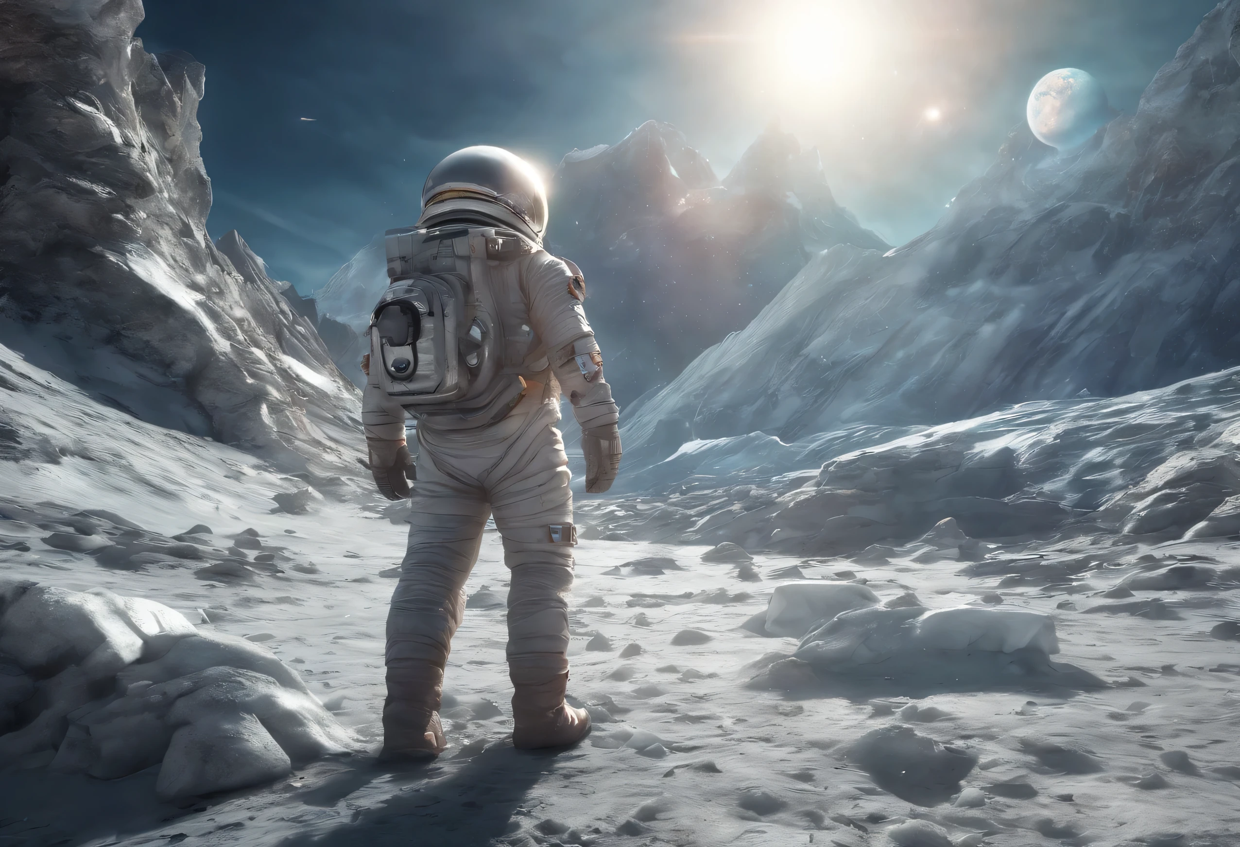 an astronaut in a space suit, walking on a planet outside the solar system, planet with rocky soil, several ice mountains, clean atmosphere with several nebulae in the sky, some frozen rivers can also be seen in the image, High resolution, Ultra HD, 8k , highest quality possible.