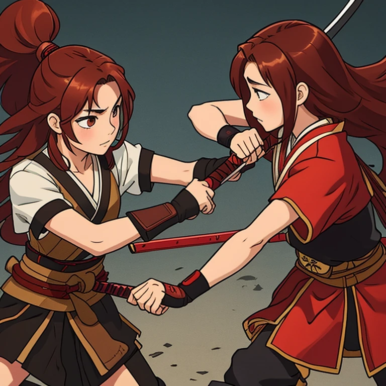 Samurai girl with long brown and red hair fighting a boy with short black hair