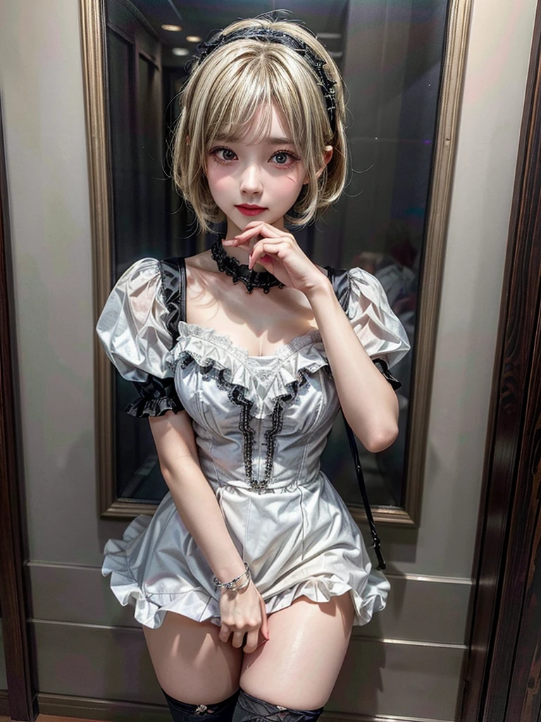 (8K, Photorealistic, Raw photo, of the highest quality: 1.3), (1girl in), Super beautiful, (Realistic face), (boyish, Silver Color Berry Shorthair), Beautiful , Glare that captivates the viewer, Beautiful expression, Beautiful breasts, (Realistic skin), Be...Super high quality, super high definition, super detailed, masterpiece, 20years old, female, cute, perfect face, beautiful, nice body, gothic ta clothes, gothic loliashion, frilly skirt, headdress, necklace, bracelet, knee-high socks, boots, double eyelids, tear bags, Detailed down to the fingers, photo-like description, indoors, dim indoor lighting, blonde hair, short bob, standing, whole body, composition that shows the whole body, smiling