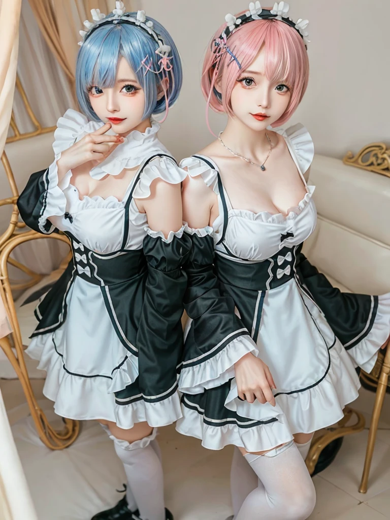 (8K, Photorealistic, Raw photo, of the highest quality: 1.3), (1girl in), Super beautiful, (Realistic face), (boyish, pink Color Berry Shorthair), Beautiful , Glare that captivates the viewer, Beautiful expression, Beautiful breasts, (Realistic skin), Be...Create a detailed and colorful image of Ram and Rem from Re:Zero, standing back-to-back in their maid outfits, with a magical fantasy background、14years old, two girls,cute, perfect face, beautiful, nice body, gothic ta clothes, gothic loliashion, frilly skirt, headdress, necklace, bracelet, knee-high socks, boots, double eyelids, tear bags, Detailed down to the fingers, photo-like description, indoors, dim indoor lighting, one girl is pink hair and short bob, another girl is light blue hair and short bob,standing,whole body, composition that shows the whole body, smiling,The Both of them are wearing the same type of maid outfit,Optimal ratio of 4 fingers and 1 thumb