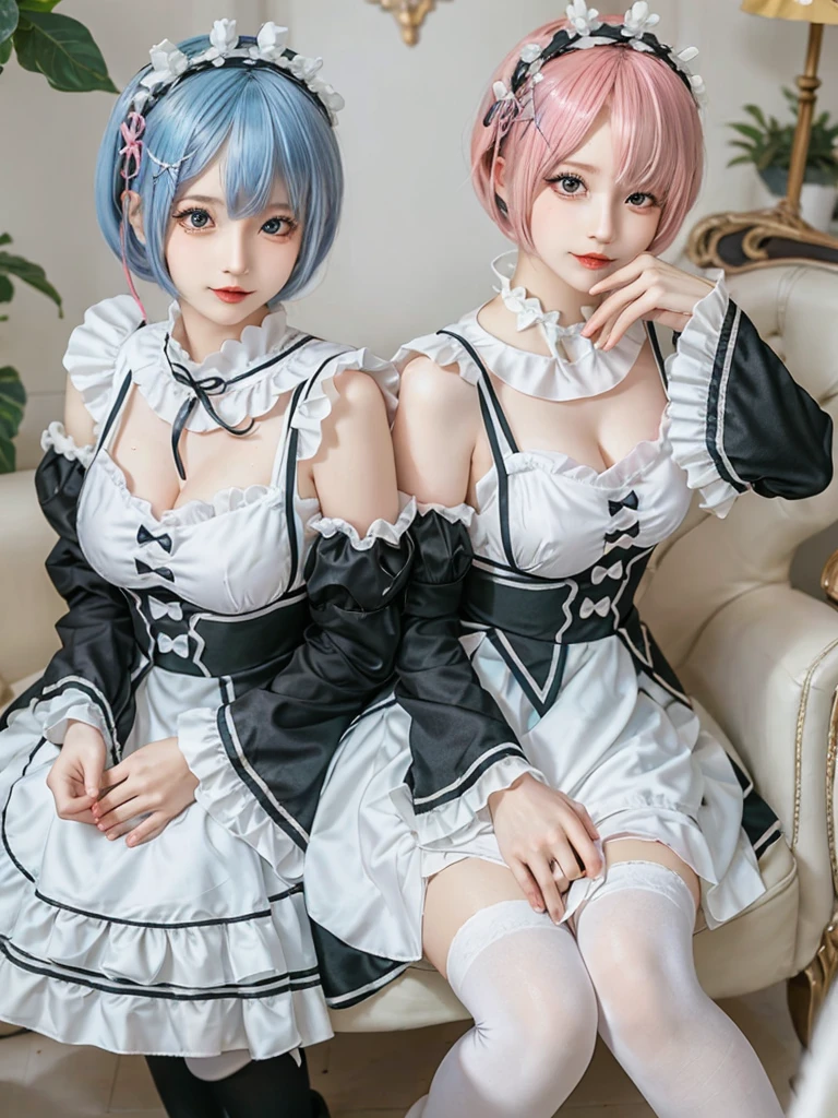 (8K, Photorealistic, Raw photo, of the highest quality: 1.3), (1girl in), Super beautiful, (Realistic face), (boyish, pink Color Berry Shorthair), Beautiful , Glare that captivates the viewer, Beautiful expression, Beautiful breasts, (Realistic skin), Be...Create a detailed and colorful image of Ram and Rem from Re:Zero, standing back-to-back in their maid outfits, with a magical fantasy background、14years old, two girls,cute, perfect face, beautiful, nice body, gothic lolita clothes, gothic lolita fashion, frilly skirt, headdress, necklace, bracelet, knee-high socks, boots, double eyelids, tear bags, Detailed down to the fingers, photo-like description, indoors, dim indoor lighting, one girl is pink hair and short bob, another girl is light blue hair and short bob,standing,whole body, composition that shows the whole body, smiling,The Both of them are wearing the same type of maid outfit,Optimal ratio of 4 fingers and 1 thumb