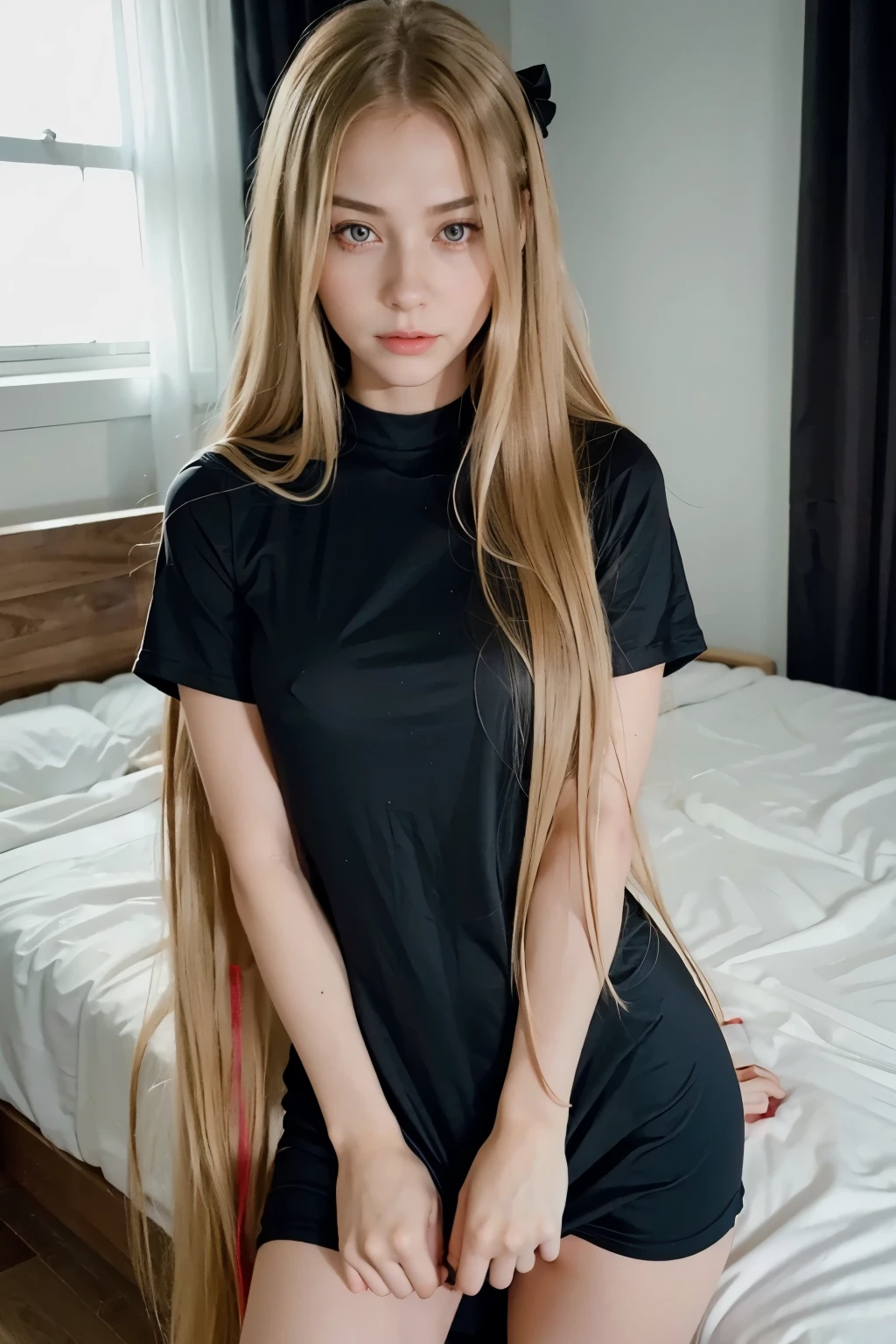 Girl with long blonde hair and red eyes in a black top, happening, gapmoe yandere, yandere, ecchi , in dress, blonde girl with long hair.