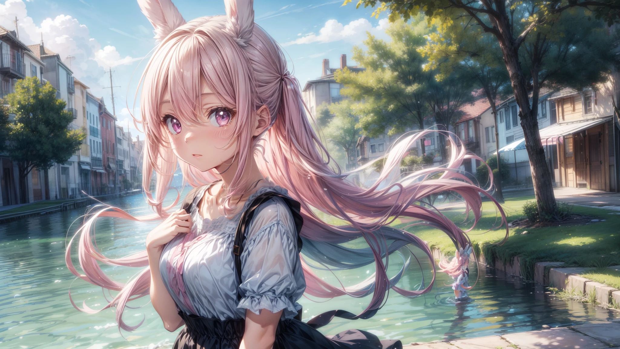 beautiful illustrations, highest quality, pretty girl, pastel colour, fluffy rabbit ears, pink long hair,light pink eyes,Playing by the water