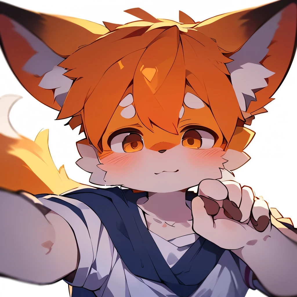 ((Avatar Avatar shows only the cute plump and round male fox,blush,sweat,Sticky on the body,The body is wet,Panting,A passive temperament image,Orange Hair,Striking a cute and intimate pose,I(First-person perspective)对I(First-person perspective)Friendly and intimate,Focus on people,Pure white blank background,非常明显blush,Men,Optical background with white background, blank virtual,Digital optical blank background,Youthful。Upper Body,Correct hand position,Correct hand proportions,Disdain cute, Dissatisfied with disdain,Eyes half closed,Gentle eyebrows,The corners of the mouth are slightly upturned, showing a relaxed and happy state,student,The lush hair with the little fox is the hairstyle of the male god,The ears are not so pointy,Small nose,Very good figure,Simplicity,No pattern school uniform sailor suit,黑色Simplicity蓬松校服短裤,)), Design simple white background,Design simple white background, Detailed facial depiction, Correct hand depiction,Correct proportions。 Random movements,accurate detail depiction, 4K Ultra HD,Very matching。