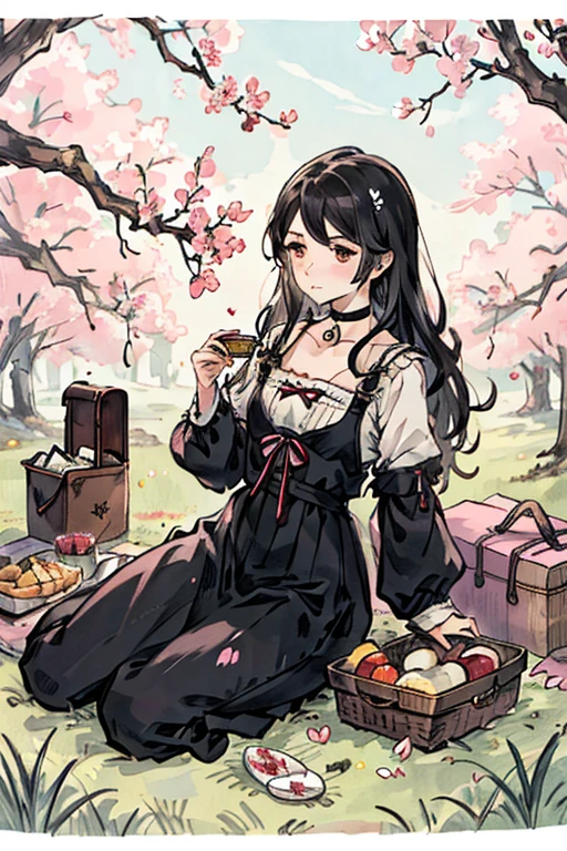 1girl, Choker, cute little, (Kpop Idle), (attractiveness:1), ((Puffy eyes)), tenderness, Irridescent color, picnic under sakura trees, petals and flowers, full shot, (Highly detailed), (high resolution), (masterpiece)
