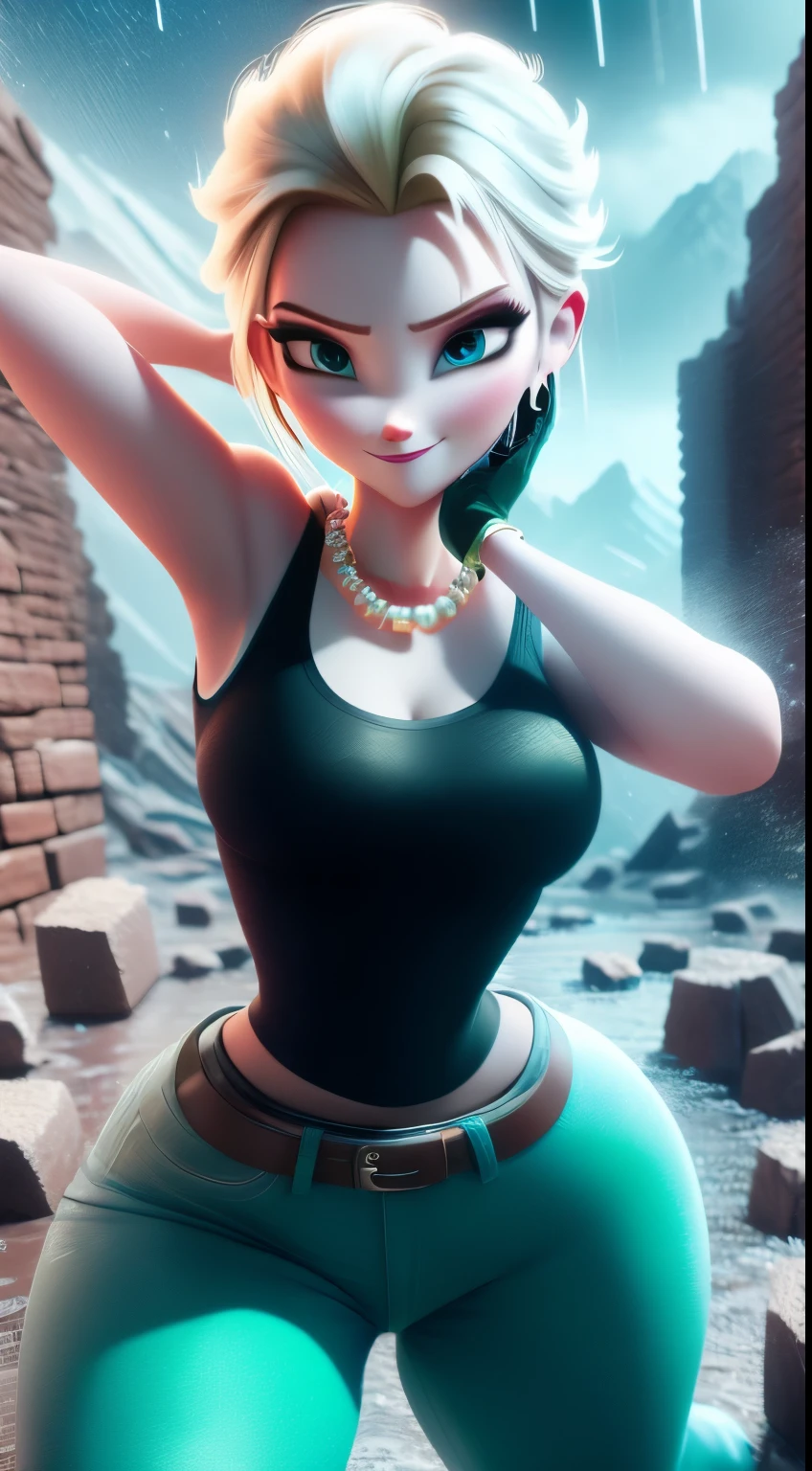 best quality, high-res, and18, 1girl, android 18, solo, blonde hair, blue eyes, belt, green jeans, pearl, necklace, bracelets, black gloves, white shirt, short hair, short sleeves, earrings, green leggings, open vest, black vest, medium breasts, cowboy shot, battle ruins, straight-on, mountain view, (weather: rainy), cute smile, combat stance, wide hips,