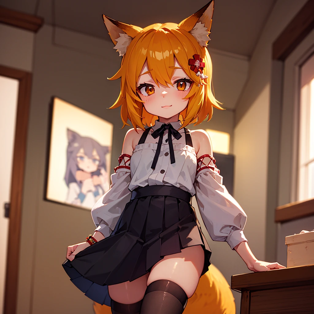 Sen is a fox girl with one tail and fox ears, she has a hair ornament in the shape of a flower, she has orange hair, orange eyes and short hair, she is wearing a pleated skirt, a white shirt and black stockings, she stands looking around at her outfit in her room with a bed, a desk and a good design in Japanese modern style, she has bracelets on her right hand and jewelry on her neck, her neck is quite open and her bare shoulders are visible, her face is pleased with her beauty, ((soft lighting)), ((high definition)), ((highly detailed objects)), ((masterpiece)), ((Best quality)), ambient lighting, two-tone lighting, (high definition skin: 1.2), 8k uhd , DSLR, soft lighting, high quality, surround lighting, high definition, 4k, 8k