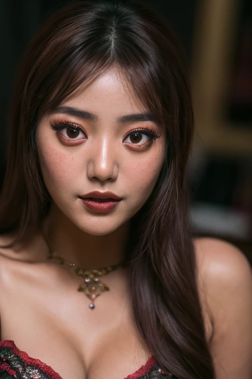 tzuyu, iu, yooa, space, Bellydancer, sexy, cleavage, (close-up, editorial photograph of a 21 year old javanese woman), (highly detailed face:1.4) (smile:0.7) (background inside dark, moody, private study:1.3) POV, by lee jeffries, nikon d850, film stock photograph ,4 kodak portra 400 ,camera f1.6 lens ,rich colors ,hyper realistic ,lifelike texture, dramatic lighting , cinestill 800,