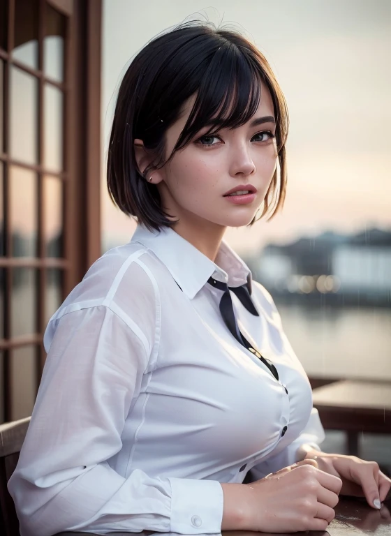 (8k, Best Quality, Masterpiece: 1.2), (Realistic, Photorealistic: 1.37), Super Detailed, 1 Girl, Cute, Alone, Beautiful Detailed Sky, Detailed Cafe, Night, Sitting, Date, ( Nose blush), (smile: 1.15), (close mouth) small breasts, beautiful details, (collared shirt: 1.1), night, wet, business wear, rain, white lace, (short hair: 1.2), floating Hair NovaFrogStyle,