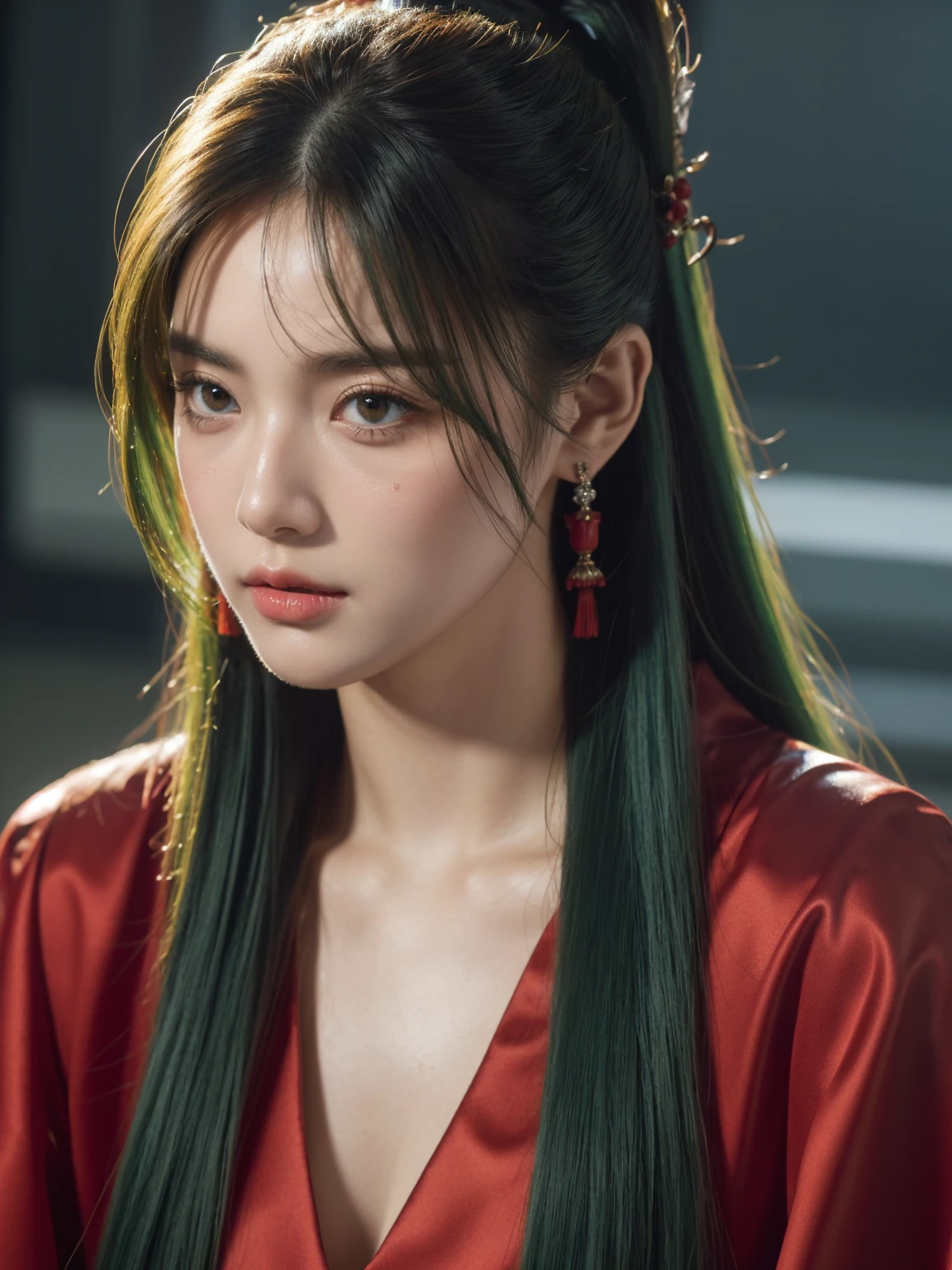 tmasterpiece,Best quality at best,A high resolution,8K,(portrait),(Close up of avatar),(RAW photogr),real photograph,digital photography,(Overlooking the audience),(science fiction queen),20 year old girl,long ponytail hairstyle,By bangs,(Dark green hair),(Glowing red eyes),Devil Eyes,Serious and charming,A plump chest,(cleavage),(There are ancient red patterns on the face),luxury accessories,Keep your mouth shut,elegant and charming,serious and arrogant,Calm and handsome,(depression angle),Combat uniforms,(Battle Queen),Photo pose,Future Style,gray world background,oc render reflection texture