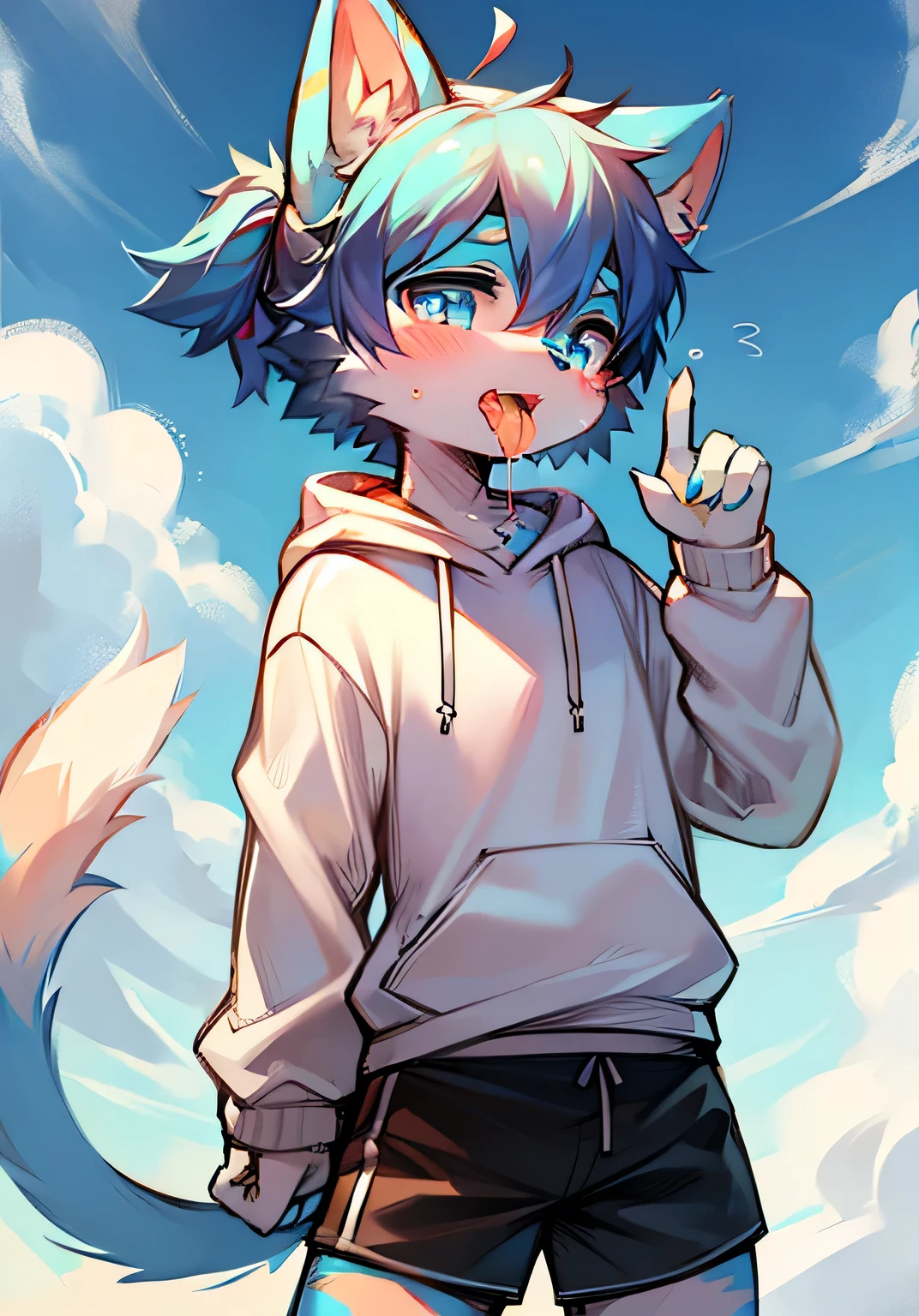 Cat,male,Furry ears,Fluffy tail,White sweatshirt,Black shorts,high quality,Sky blue pupils,Blue ears,saliva