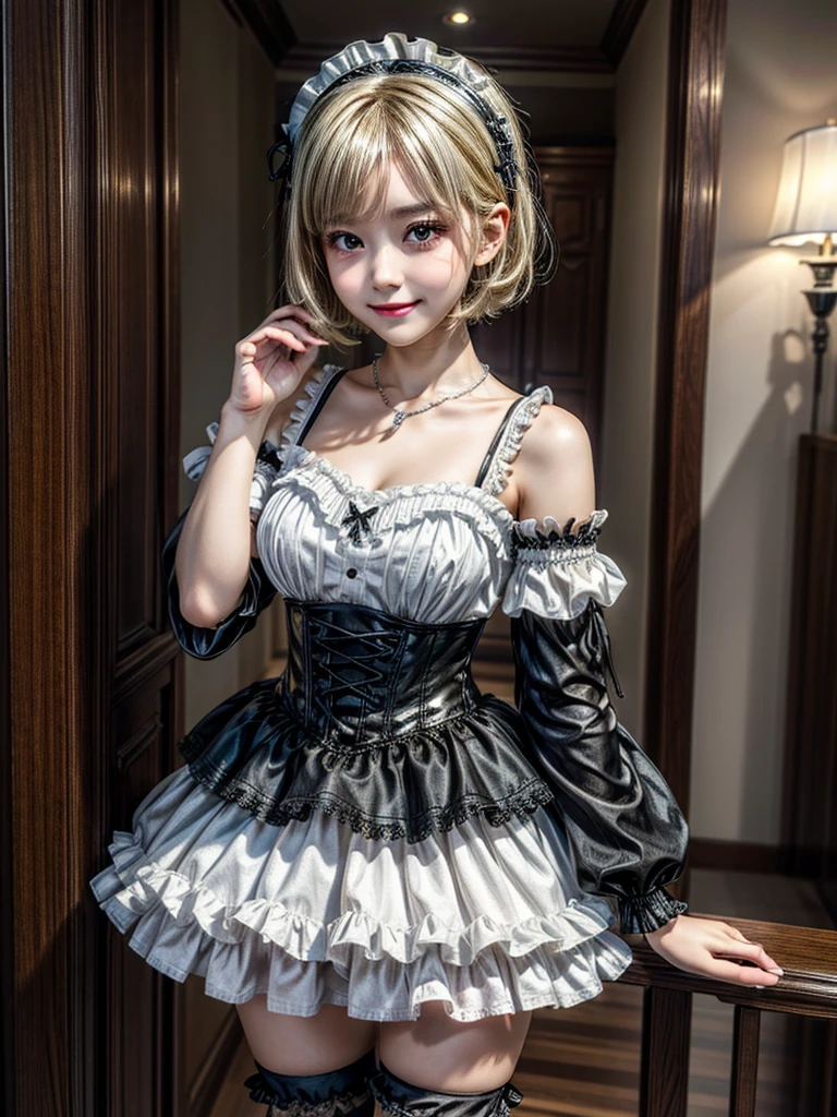 (8K, Photorealistic, Raw photo, of the highest quality: 1.3), (1girl in), Super beautiful, (Realistic face), (boyish, Silver Color Berry Shorthair), Beautiful , Glare that captivates the viewer, Beautiful expression, Beautiful breasts, (Realistic skin), Be...Super high quality, super high definition, super detailed, masterpiece, 20years old, female, cute, perfect face, beautiful, nice body, gothic lolita clothes, gothic lolita fashion, frilly skirt, headdress, necklace, bracelet, knee-high socks, boots, double eyelids, tear bags, Detailed down to the fingers, photo-like description, indoors, dim indoor lighting, blonde hair, short bob, standing, whole body, composition that shows the whole body, smiling