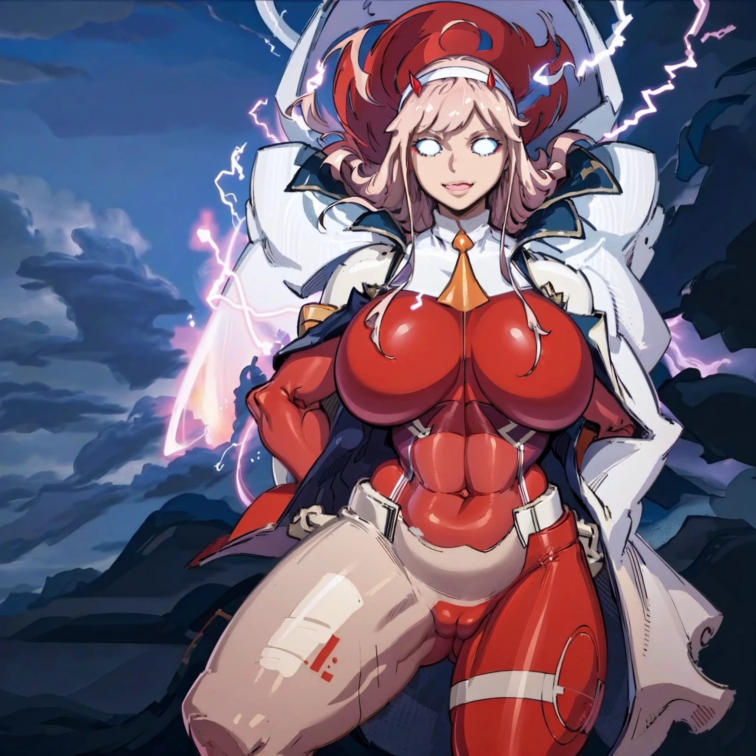 masterpiece, best quality, IncrsLowTier, electricity, glowing eyes zerotwo horns, hairband, necktie, red dress, pantyhose horns, hairband, red bodysuit, armlet, mecha horns, hairband, white bodysuit, white gloves, cap, red dress, white gloves, jacket on shoulders, pantyhose, cyber_armor body_suit,huge_breast, tall female, fulll body, sun light, smile,, sun aura,, boots, standing, smile, lips, red lips,,,{best quality}, {amazing quality} {best quality},{amazing quality},, {absurdres},{{highres}}, {very aesthetic}, {detailed}, curvy, tall, huge breast, character focus, white background,full-length portrait,, huge hips, huge muscles, huge thighs, curvaceous, venus figure,full body, full portrait