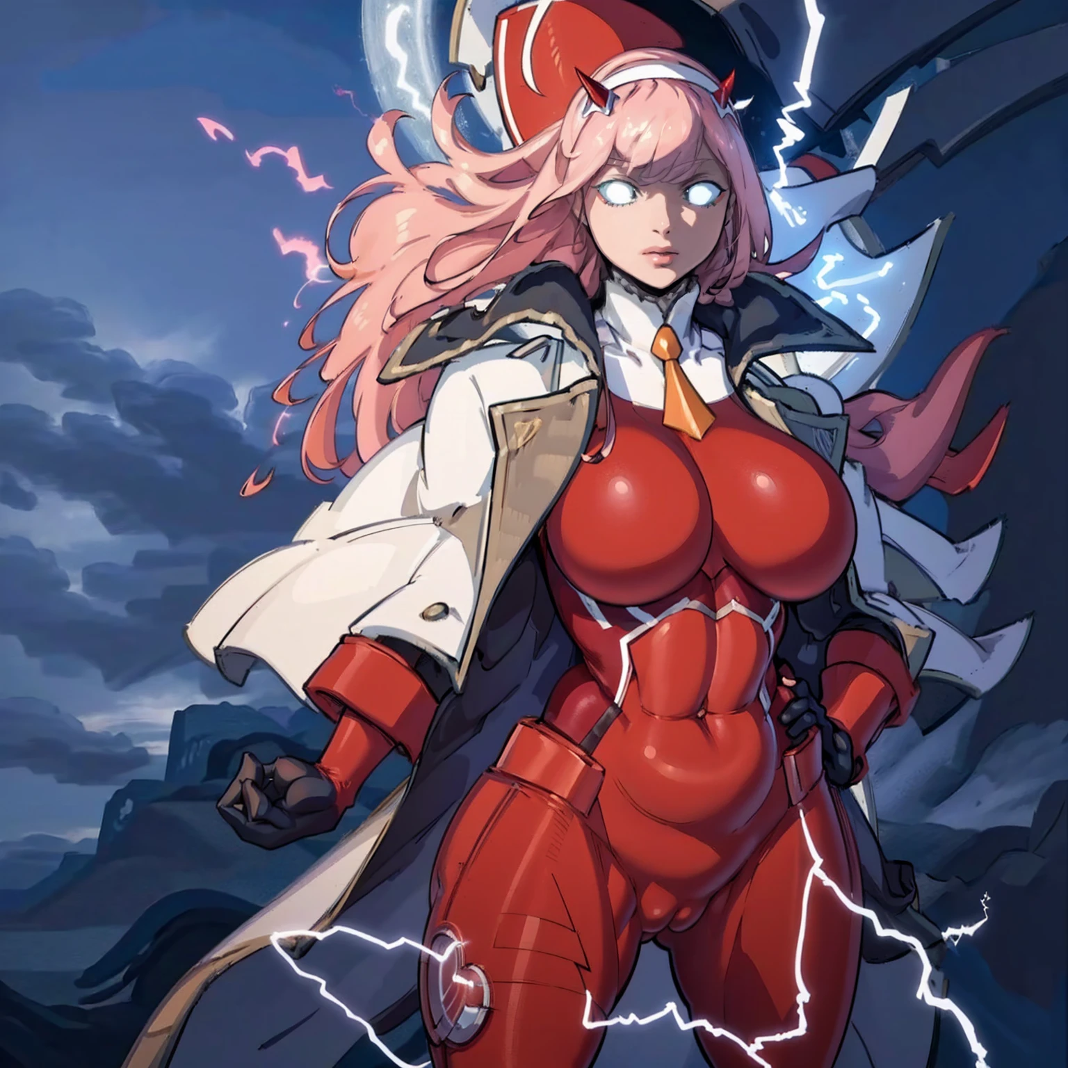 masterpiece, best quality, IncrsLowTier, electricity, glowing eyes zerotwo horns, hairband, necktie, red dress, pantyhose horns, hairband, red bodysuit, armlet, mecha horns, hairband, white bodysuit, white gloves, cap, red dress, white gloves, jacket on shoulders, pantyhose, cyber_armor body_suit,huge_breast, tall female, fulll body, sun light, smile,, sun aura,, boots, standing, smile, lips, red lips,,,{best quality}, {amazing quality} {best quality},{amazing quality},, {absurdres},{{highres}}, {very aesthetic}, {detailed}, curvy, tall, huge breast, character focus, white background,full-length portrait,, huge hips, huge muscles, huge thighs, curvaceous, venus figure,full body, full portrait