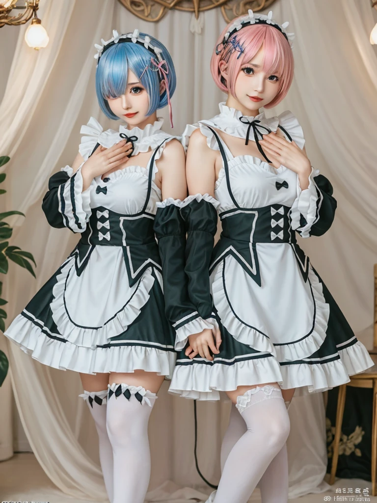 (8K, Photorealistic, Raw photo, of the highest quality: 1.3), (1girl in), Super beautiful, (Realistic face), (boyish, pink Color Berry Shorthair), Beautiful , Glare that captivates the viewer, Beautiful expression, Beautiful breasts, (Realistic skin), Be...Create a detailed and colorful image of Ram and Rem from Re:Zero, standing back-to-back in their maid outfits, with a magical fantasy background、14years old, two girls,cute, perfect face, beautiful, nice body, gothic lolita clothes, gothic lolita fashion, frilly skirt, headdress, necklace, bracelet, knee-high socks, boots, double eyelids, tear bags, Detailed down to the fingers, photo-like description, indoors, dim indoor lighting, one girl is pink hair and short bob, another girl is light blue hair and short bob,standing,whole body, composition that shows the whole body, smiling,The Both of them are wearing the same type of maid outfit,Optimal ratio of 4 fingers and 1 thumb