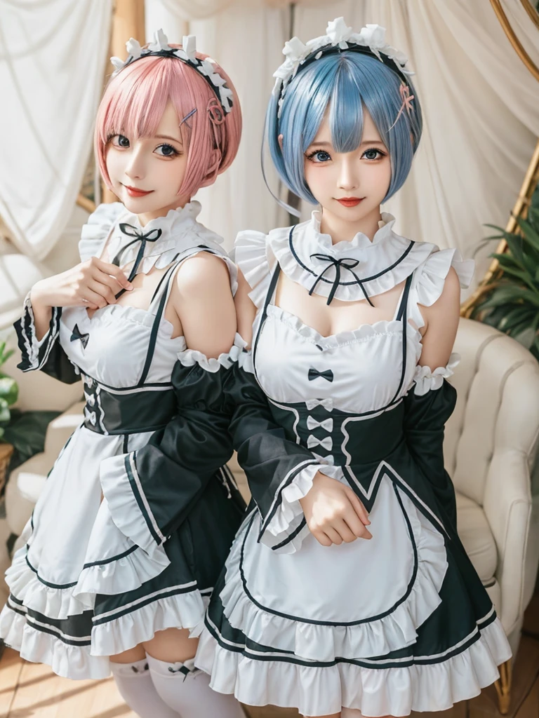 (8K, Photorealistic, Raw photo, of the highest quality: 1.3), (1girl in), Super beautiful, (Realistic face), (boyish, pink Color Berry Shorthair), Beautiful , Glare that captivates the viewer, Beautiful expression, Beautiful breasts, (Realistic skin), Be...Create a detailed and colorful image of Ram and Rem from Re:Zero, standing back-to-back in their maid outfits, with a magical fantasy background、14years old, two girls,cute, perfect face, beautiful, nice body, gothic ta clothes, gothic loliashion, frilly skirt, headdress, necklace, bracelet, knee-high socks, boots, double eyelids, tear bags, Detailed down to the fingers, photo-like description, indoors, dim indoor lighting, one girl is pink hair and short bob, another girl is light blue hair and short bob,standing,whole body, composition that shows the whole body, smiling,The Both of them are wearing the same type of maid outfit,Optimal ratio of 4 fingers and 1 thumb