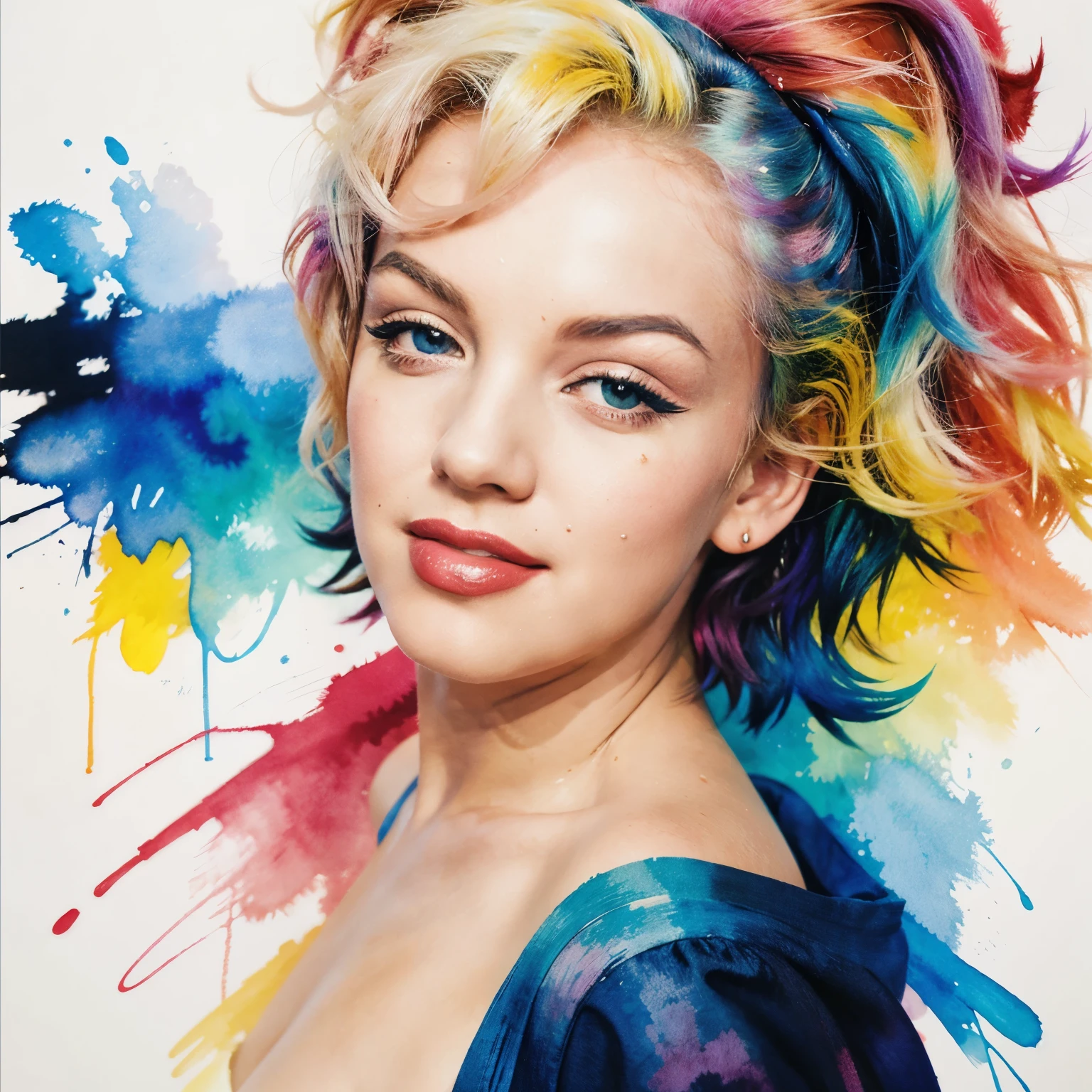Buntes abstraktes Aquarell Portrait von Marilyn Monroe mit bunten farbspritzern. The image appears artistic and dynamic.