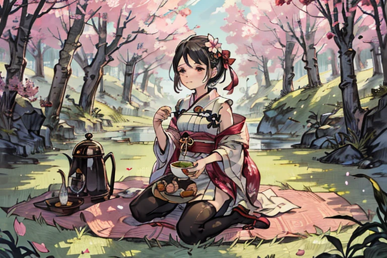 1girl, cute, (Kpop Idle), (attractiveness:1), ((Puffy eyes)), tenderness, Irridescent color, tea party under sakura trees, petals and flowers, full shot, (Highly detailed), (high resolution), (masterpiece)
