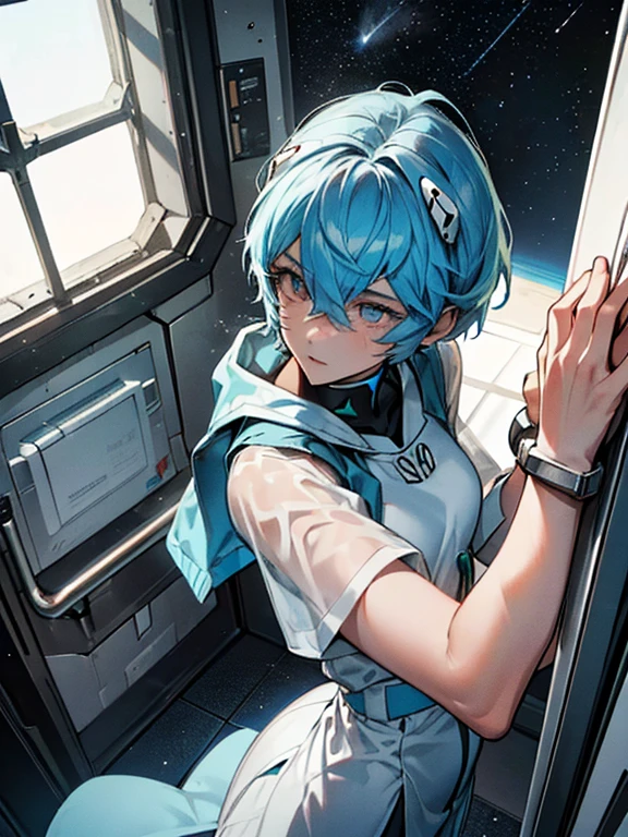 (Aerial view),dynamic angle,ultra detallado, illustration, de cerca, directo, 1 chica, ((Rei Ayanami, , auriculares de interfaz, mono blanco 1.4, azul)),Her eyes shone like dreamer stars,(ojos brillantes:1.233),(ojos hermosos y detallados:1.1),(inexpresivo,boca cerrada),(de pie), (mechanical room with tools and spacecraft window in a white SPACESHIP), (noche:1.2),dreamer, [[dedos y manos delicados:0.55]::0.85],(detalle dedos),