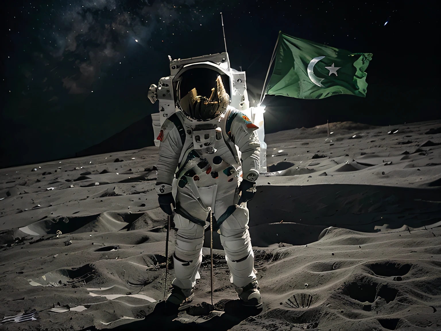 imagine pakistani astronaunt on moon, pakistan flag on moon, pakistani space suit, ultra realistic,