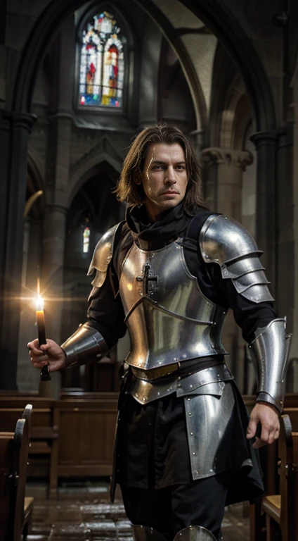 Epic young man knight templar,hard training pull ups and calisthenics in the rain,outside religious church,defending faith,Catholic Church,medieval armor,battle-ready sword,strong physique,determined expression,driven by honor and chivalry,perseverance despite the challenging weather,detailing armor,shining armor plating,majestic church facade,stained glass windows,religious symbols,stormy atmosphere,heavy rain pouring down,muddy ground,slashing raindrops,thunderous background,thick clouds painting the sky(best quality,4k,8k,highres,masterpiece:1.2),ultra-detailed,realistic:1.37),HDR,UHD,studio lighting,sharp focus,vivid colors,dark color palette,dramatic lighting highlighting the knight's silhouette,flickering candle illuminating the church,sense of mystery and devotion to the faith,emblematic painting style.