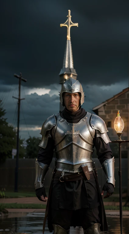 Epic young man knight templar,hard training pull ups and calisthenics in the rain,outside religious church,defending faith,Catholic Church,medieval armor,battle-ready sword,strong physique,determined expression,driven by honor and chivalry,perseverance despite the challenging weather,detailing armor,shining armor plating,majestic church facade,stained glass windows,religious symbols,stormy atmosphere,heavy rain pouring down,muddy ground,slashing raindrops,thunderous background,thick clouds painting the sky(best quality,4k,8k,highres,masterpiece:1.2),ultra-detailed,realistic:1.37),HDR,UHD,studio lighting,sharp focus,vivid colors,dark color palette,dramatic lighting highlighting the knight's silhouette,flickering candle illuminating the church,sense of mystery and devotion to the faith,emblematic painting style.