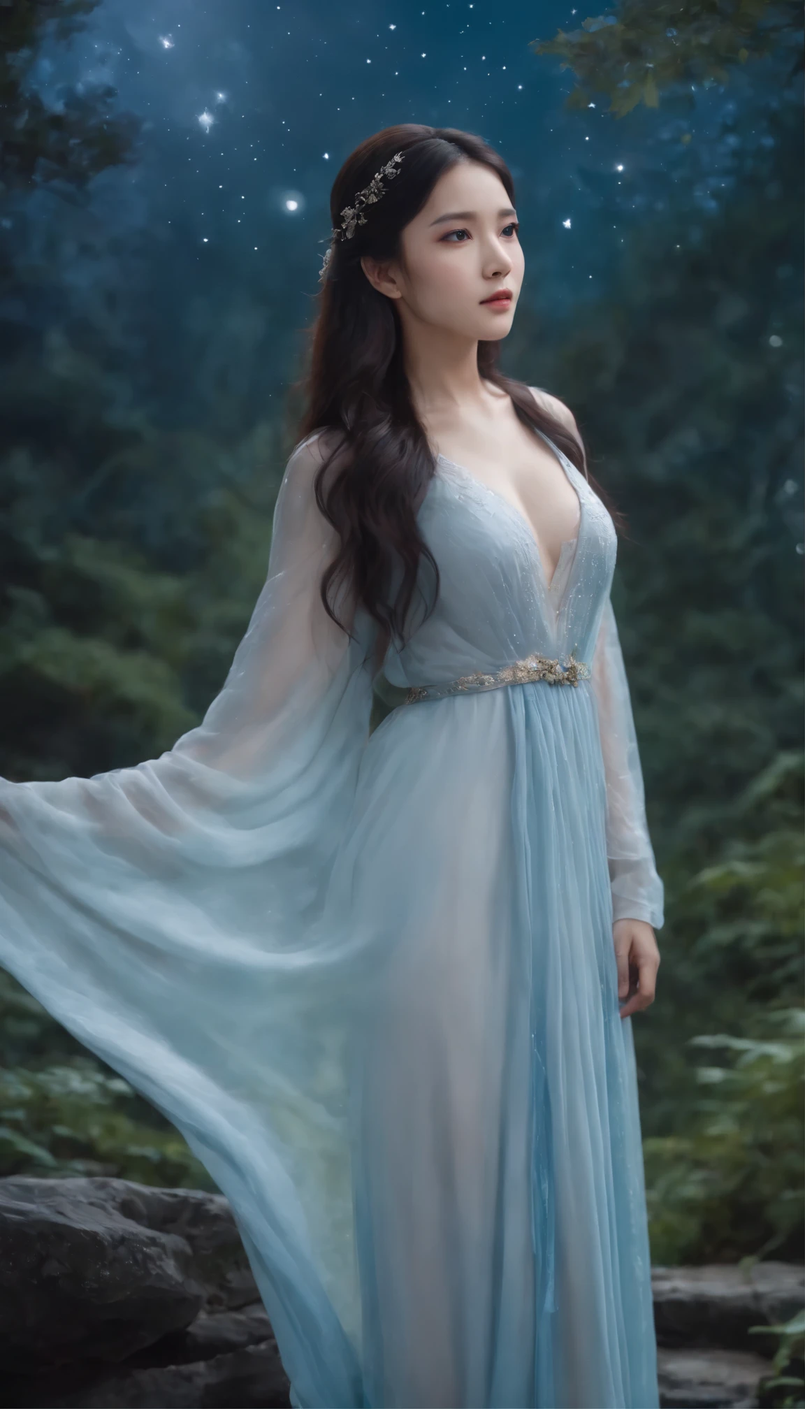 (masterpiece:1.1)、(highest quality:1.1)、 Athena Asamiya in a lovely flowing dress(1girl)The figure of、This is an exquisite piece。Long, lustrous black hair cascading down her back、wood々It captures the moonlight filtering through the gaps in the。Beautiful outdoor background、wood々casts a complex shadow on the ground.、Depicts a serene forest environment revealing a panoramic shot of serenity。Ink splashes and colorful accents、Enhances stunningly detailed illustrations、It creates a mysterious atmosphere。The night sky is studded with stars、Vividly painted