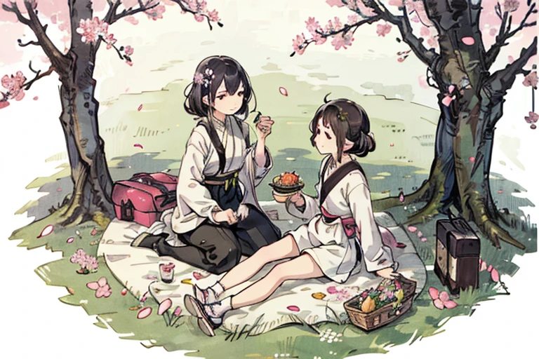 2girl, cute little, (Kpop Idle), (attractiveness:1), ((Puffy eyes)), tenderness, Irridescent color, picnic under sakura trees, petals and flowers, full shot, (Highly detailed), (high resolution), (masterpiece)
