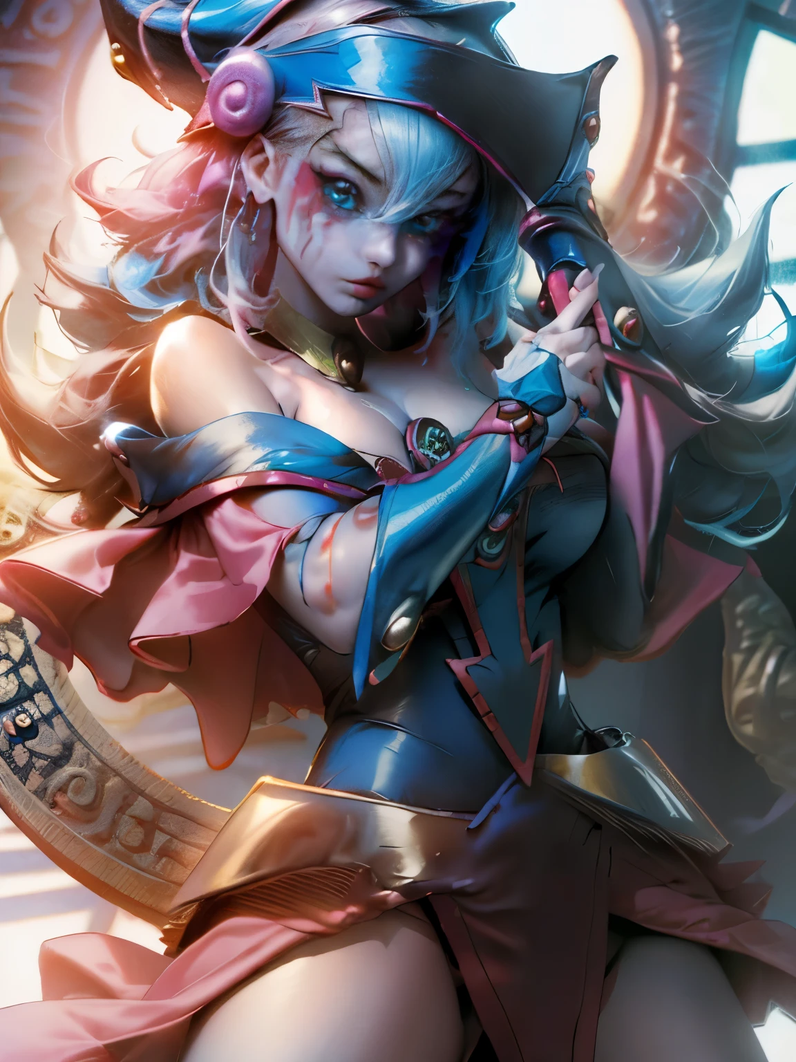 Maga oscura gils vestida de Harley Quinn. Tiene cabello rubio y negro. Ojos azules. Labios rojos. Gils, el mago oscuro, se viste como Harley Quinn. Pose sensual y inocente. Fondo de circo y magia. Ella es Harley Quinn