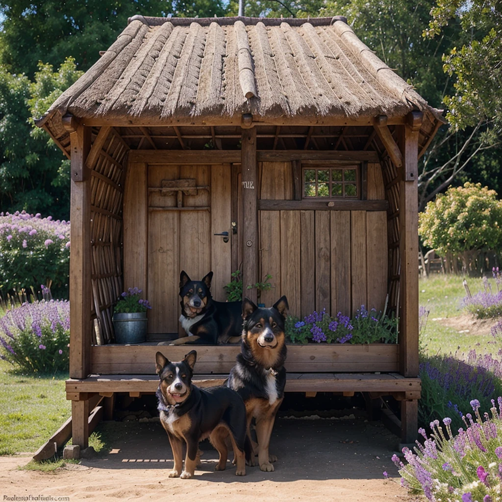 The picture of a beautiful dog in a very special brown hut, where several dreamy and special dogs are standing next to the hut and purple flowers around the hut stand out, very special and beautiful design. 