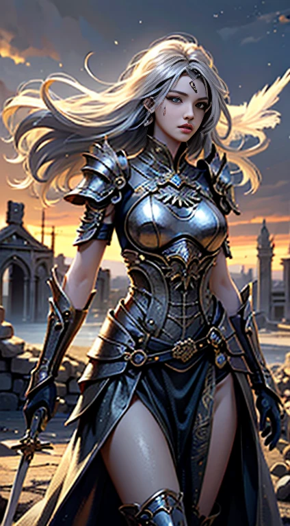 ((woman, Standing on the ruins, close, Realistic)) Realistic visuals, Artistic refinement, Captivating beauty, Dramatic contrast, 8k wallpaper, Disorganized, incredible Disorganized, Golden Armor, Gadashintai Gaodangvusheng, (Holding a silver sword)), Hair floating in the air, ((In combat))