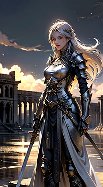 ((woman, Standing on the ruins, close, Realistic)) Realistic visuals, Artistic refinement, Captivating beauty, Dramatic contrast, 8k wallpaper, Disorganized, incredible Disorganized, Golden Armor, Gadashintai Gaodangvusheng, (Holding a silver sword)), Hair floating in the air, ((In combat))