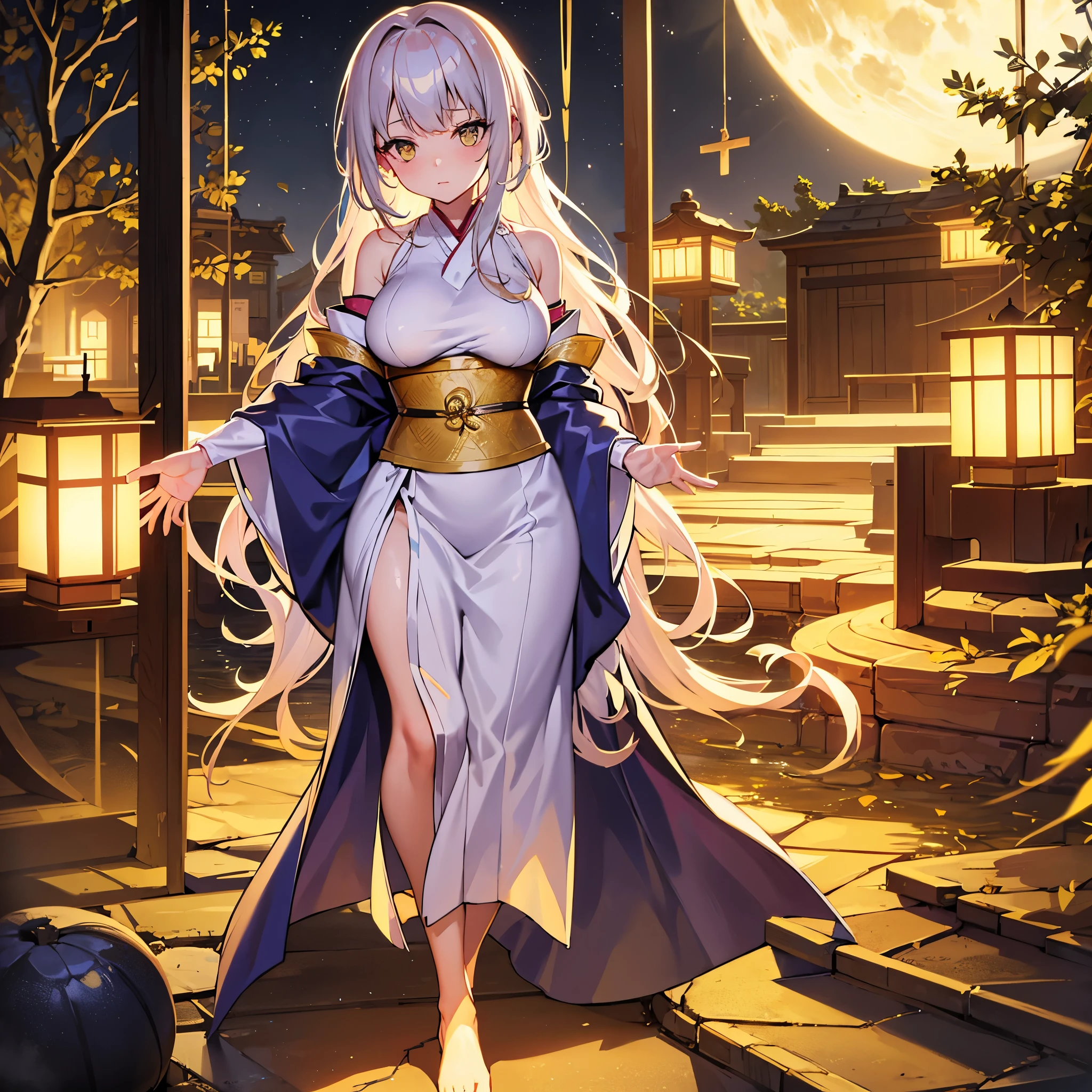 (Very detailed CG ユニティ 8k 壁紙)、(masterpiece)、(highest quality)、(Very detailed)、(Best illustrations)、(Best Shadow)、alone、One Girl、Yellow Eyes、Big Eyes、Big Breasts、whole body、yukata、evening、Night Park、whole body、Bright hair color、Messy wavy long hair、Shiny skin、Shiny texture、