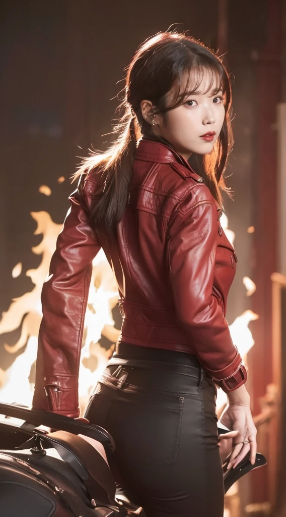 1 woman,masutepiece,Best Quality,High contrast,((Perfect Eye)),((brown eyes)),((Perfect face)),parted_Lips,((red color flame background)),(Black leather jacket),(Black leather pants),Ponytail,8K, showing butt, picture taken from behind 