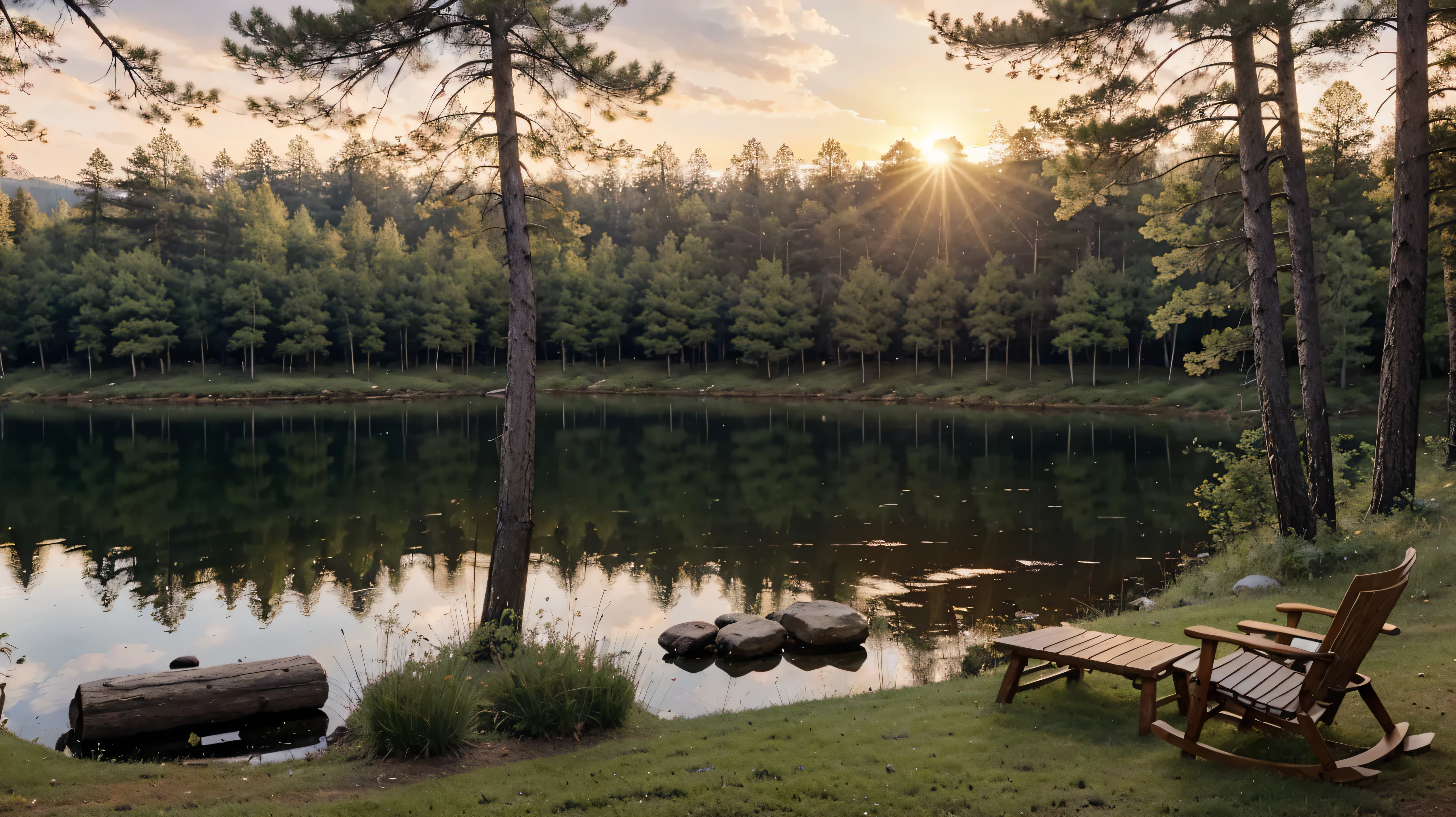 Describe a peaceful cabin in the woods surrounded by tall pine trees. The cabin has a cozy fireplace inside, with a rocking chair by the window overlooking a serene lake. A family of deer can be seen grazing in the meadow nearby as the sun sets in the distance, casting a warm glow over the scene