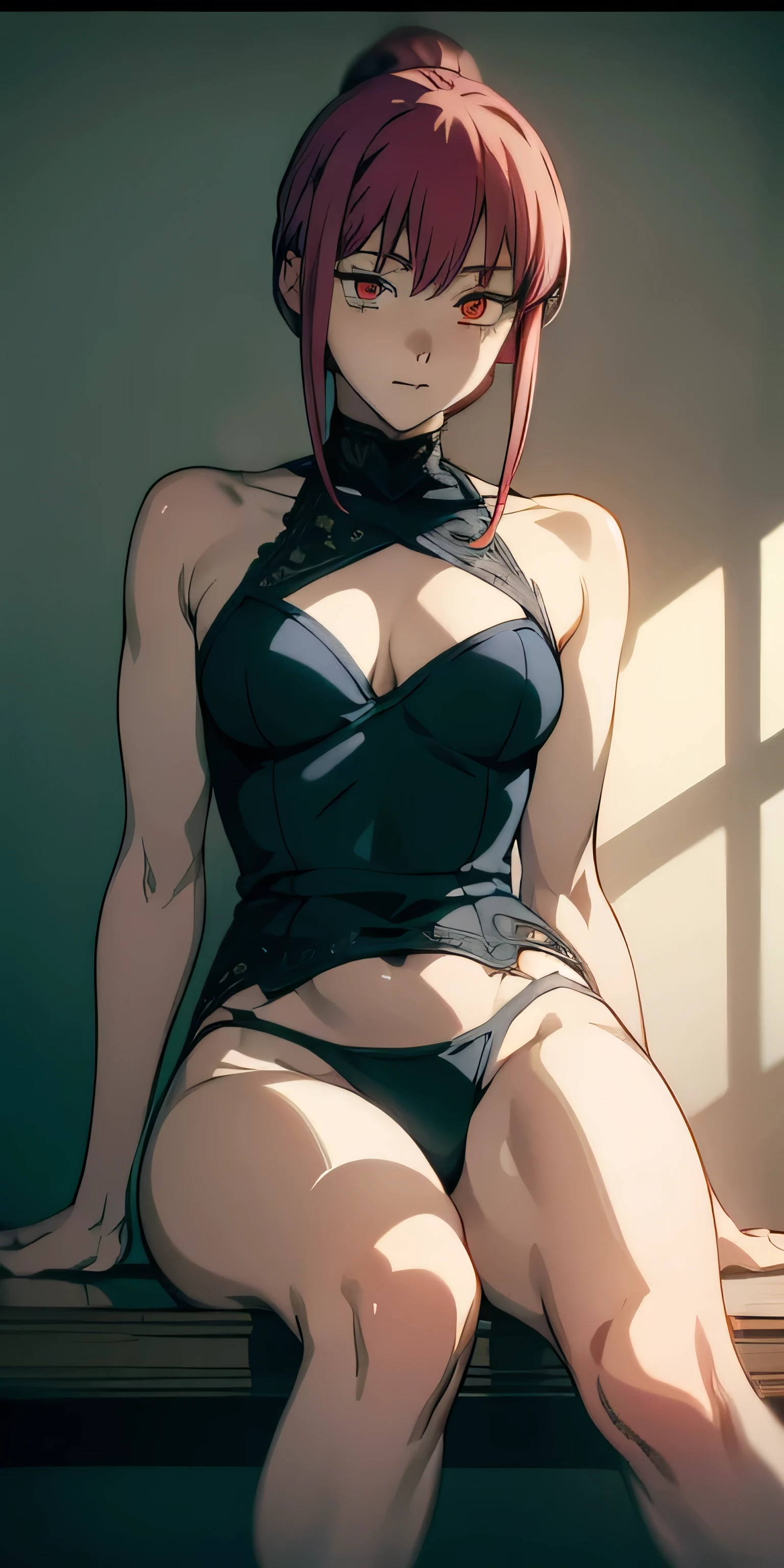 , (Masterpiece), (Best quality), (Very detailed), (CG Very detailed), (Highly sensitive), (Perfect lighting), (8K), (dynamic angle), (sharp image), vibrant colors, feminine, Masterpiece, Best quality, Depth of field, Cinema lighting, Masterpiece, Best quality, Very detailed, Colorful, vibrant, Big breasts, Thighs, mature feminine, Single, (Masterpiece, Best quality, High accuracy, anime screencap, Colorful anime,), (Perfect anatomy, Beautiful detailed eyes, Beautiful detailed body, Beautiful breasts, Shiny skin), Sexy mature anime lady sitting on a chair in sexy lingerie, Black underwear, Across the legs, shiny Thighs, Looking at the viewer, Side bangs, Red poetry, Ringed eyes, braided ponytail, Side bangs, Medium breast, Medium chest, Inside, room, lampshade, small table