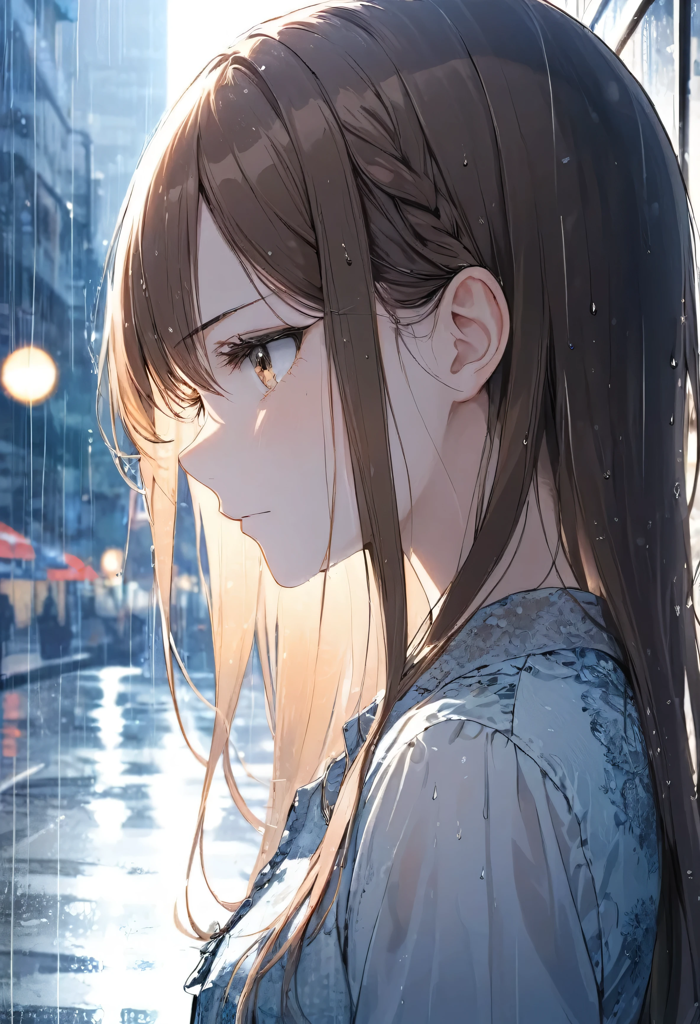 One girl, profile, When you look to the side,  Depth of written boundary, Long Hair, French Braid, Straight hair, Portraiture, Modern City, blouse, Brown Hair, Glaring at me, rain, raindrop, Lens flare, sunlight, eyeliner, eye shadow, masterpiece, highest quality