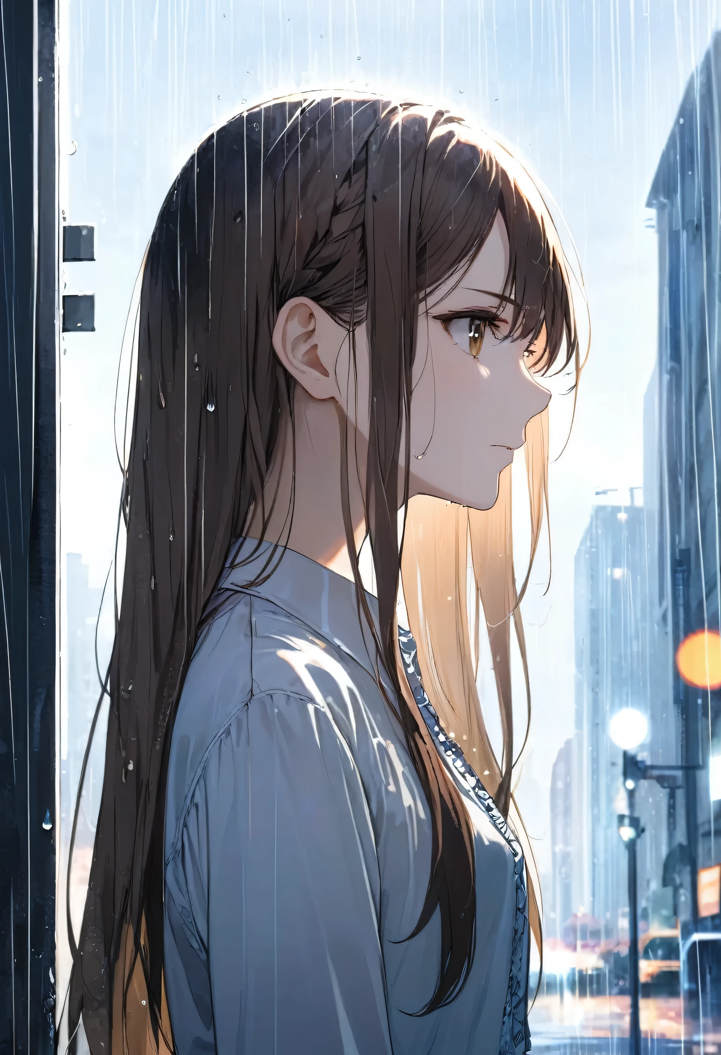 One girl, profile, When you look to the side,  Depth of written boundary, Long Hair, French Braid, Straight hair, Portraiture, Modern City, blouse, Brown Hair, Glaring at me, rain, raindrop, Lens flare, sunlight, eyeliner, eye shadow, masterpiece, highest quality