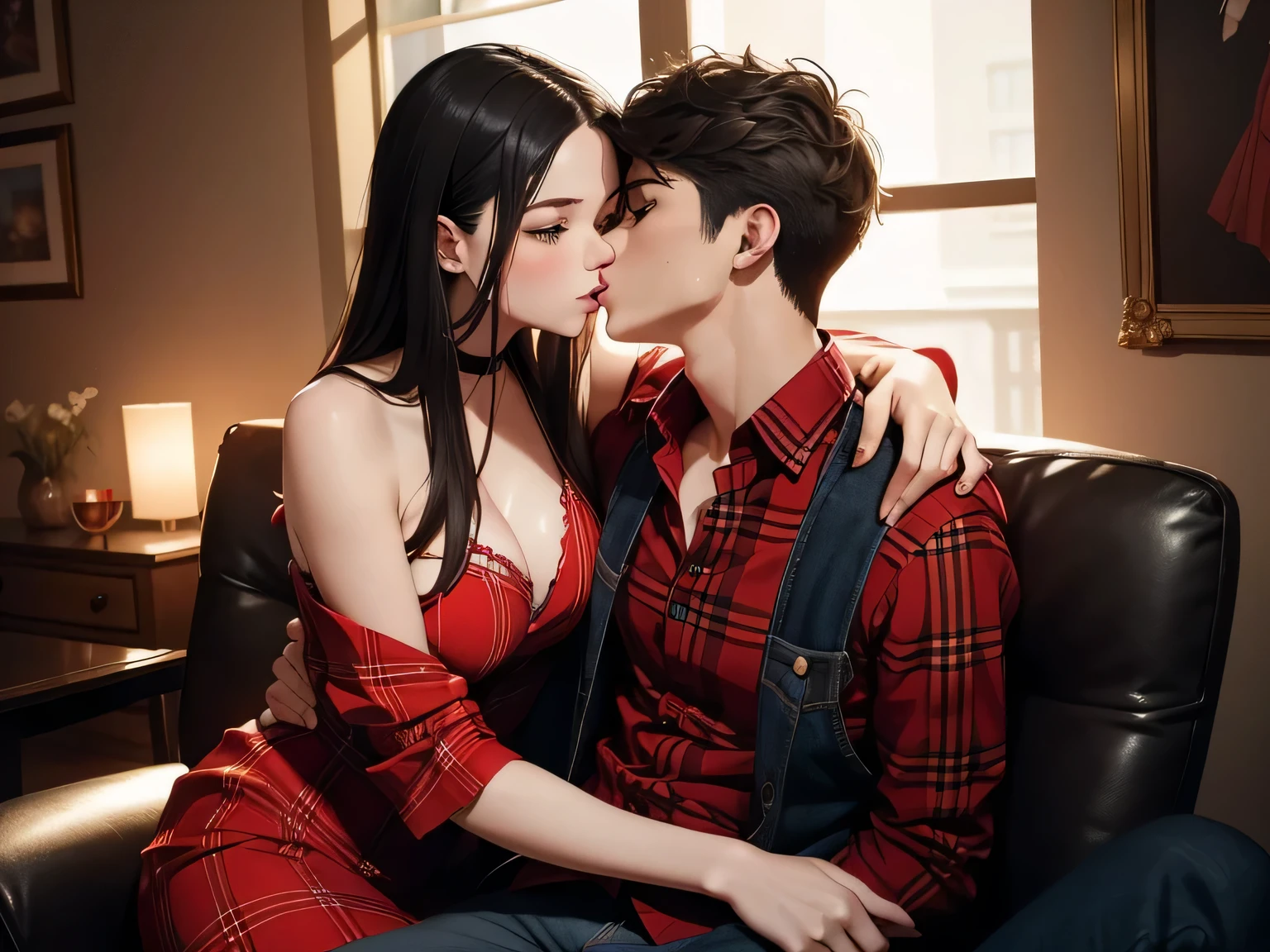 Amazing portrait of a young and sexy woman wearing a red dress sitting on lap of young man wearing a red and black flannel shirt and jeans who is sitting on a chair while kissing and making out passionately surrounded by dim lighting and they're sexy and hot and lustful