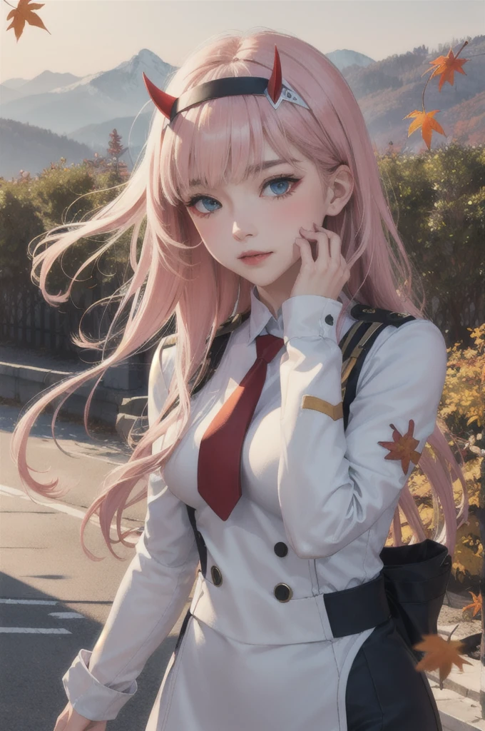 ((masterpiece)), (best quality), official art, extremely detailed CG, unity 8k wallpaper, ultra detailed,
1girl, zero_two, long hair, horns, hairband, white hairband, medium breasts, very long hair, straight hair, red horns, blue eyes,  necktie, uniform, military, military uniform, long sleeves,  (white boots:1.4), black pantyhose,
blush,
outdoors, upper body, 
mountain, autumn leaves, wind, 
