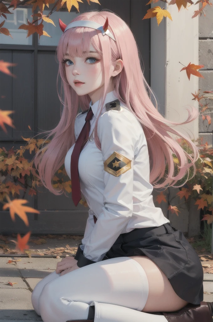 ((masterpiece)), (best quality), official art, extremely detailed CG, unity 8k wallpaper, ultra detailed,
1girl, zero_two, long hair, horns, hairband, white hairband, medium breasts, very long hair, straight hair, red horns, blue eyes,  necktie, uniform, military, military uniform, long sleeves,  (white boots:1.4), black pantyhose,
blush,
outdoors, upper body, 
mountain, autumn leaves, wind, 
