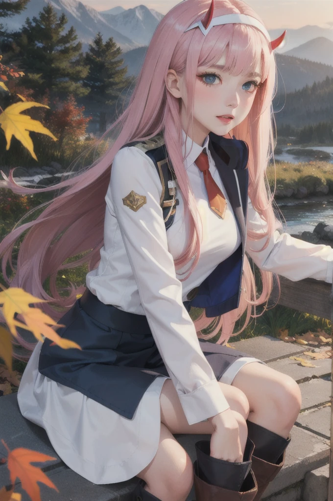 ((masterpiece)), (best quality), official art, extremely detailed CG, unity 8k wallpaper, ultra detailed,
1girl, zero_two, long hair, horns, hairband, white hairband, medium breasts, very long hair, straight hair, red horns, blue eyes,  necktie, uniform, military, military uniform, long sleeves,  (white boots:1.4), black pantyhose,
blush,
outdoors, upper body, 
mountain, autumn leaves, wind, 
