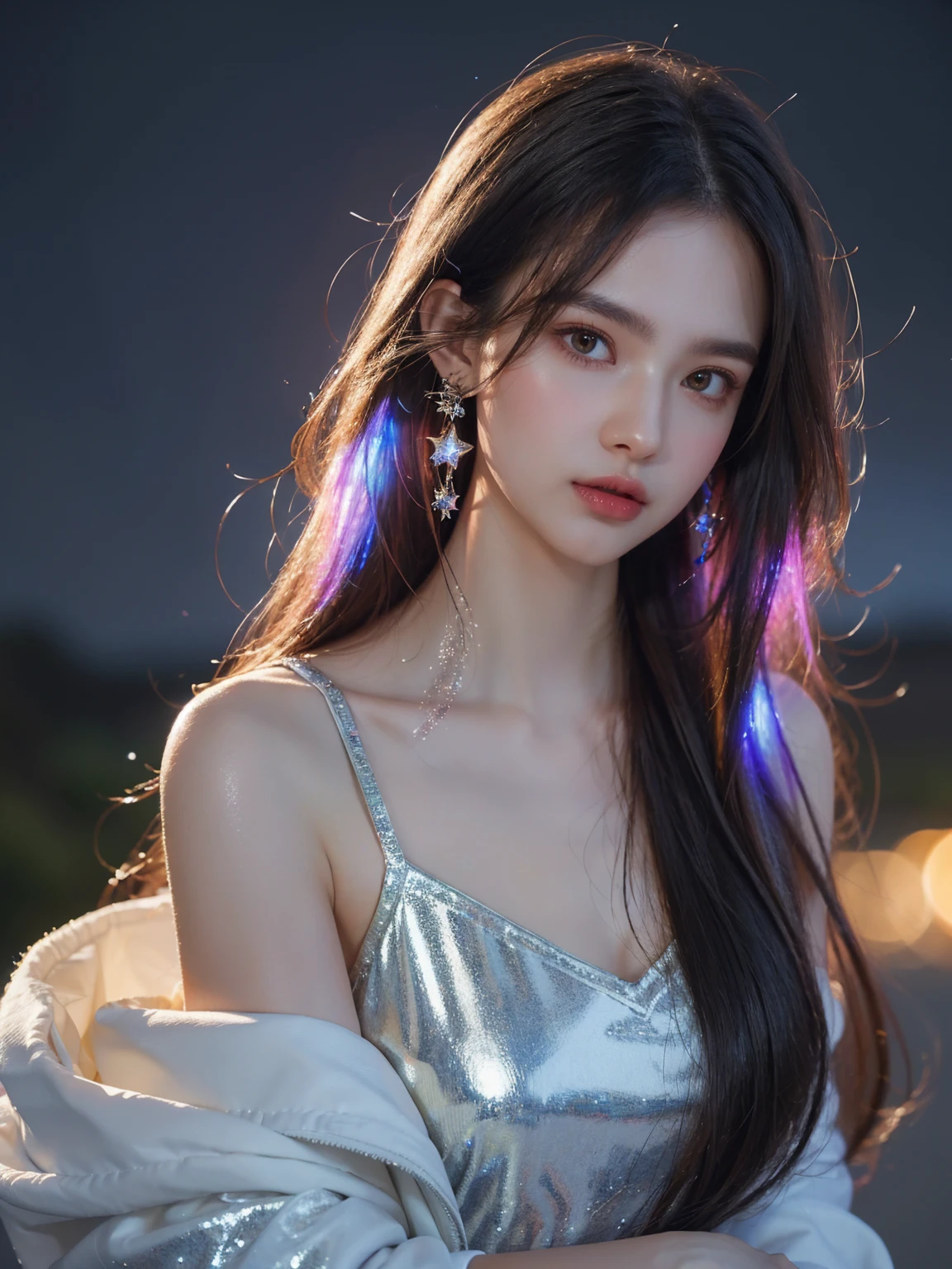 (Canon RF85mm f/1.2), (8k, RAW photos, best quality), (masterpiece), (realistic, photograph realistic), (ultra-detailed, High detail, Best image quality, super detailed, high resolution, Very detailed, Extreme detail description, hyperdetailed painting, An extremely delicate and beautiful work), 1girl, stars in the eyes, purple long hair, Starry sky adorns hair, (((glistening light))), (Luminous), detailed shadow, meteor, fanxing, techwear, bare shoulders, (((upper body:1.3)))