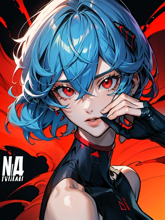 Ri Ayanami,，red eyes，pelo entre los ojos，engranaje de cabeza，auriculares de interfaz，pelo azul，prenda de batalla，action pose，Recubrimiento grueso，Album covers，narrative images