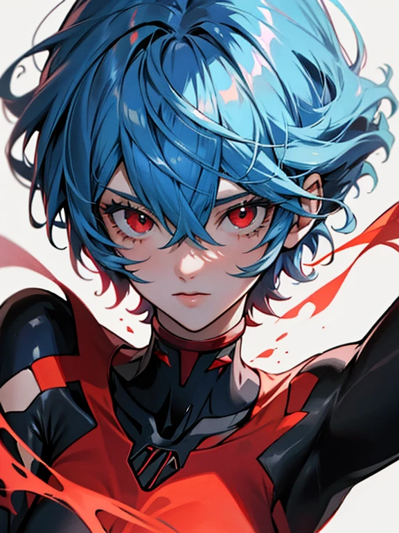 Ri Ayanami,，red eyes，pelo entre los ojos，engranaje de cabeza，auriculares de interfaz，pelo azul，prenda de batalla，action pose，Recubrimiento grueso，Album covers，narrative images