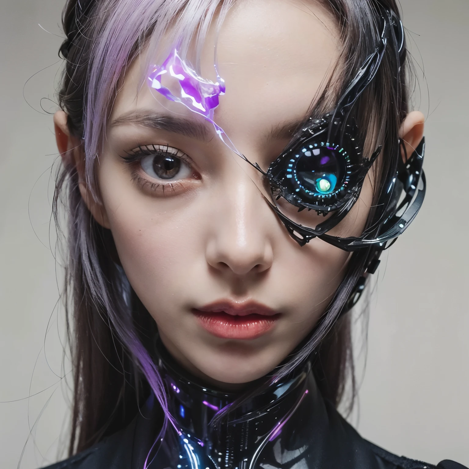 depicts a modern-day witch who has embraced the world of cybernetics to enhance her magical abilities. The artwork should convey the enchanting blend of traditional witchcraft and futuristic technology. Here are some specific elements to include: The Witch's Lair: The setting should be a cozy yet slightly eerie room, filled with magical books, crystal balls, potion ingredients, and antique furnishings. The room should be dimly lit by candles and a soft, mystical glow emanating from her cybernetic enhancements. The Cyborg Witch: The central focus of the artwork is the witch herself. She's a striking figure with a mix of traditional witch attire and cybernetic enhancements. Her clothing should have a witchy, occult aesthetic, with flowing robes, a pointed hat, and an intricate pentagram necklace. Her arms, however, have been upgraded with cybernetic components that incorporate magical symbols and glowing runes. Magical Interface: The witch is in the midst of casting a spell, with a holographic, touch-screen interface floating before her. This interface includes spell incantations, arcane symbols, and digital components, demonstrating her fusion of magic and technology. Spell Ingredients: On a nearby table, there should be a collection of spell ingredients, like herbs, potions, and magical artifacts. Some of these items may have been modified with cybernetic enhancements, blurring the line between the natural and the technological. Familiar: The witch's familiar, perhaps a cat or raven, should be present in the scene, serving as her magical companion. The familiar could also have subtle cybernetic enhancements or glowing eyes. Glowing Runes: The room should be adorned with ancient symbols and glowing runes on the walls and floor, contributing to the magical atmosphere. Aetherial Lighting: Use a combination of mystical, ethereal lighting and cybernetic glows to create a captivating interplay of light and shadow. The contrast between the tradit