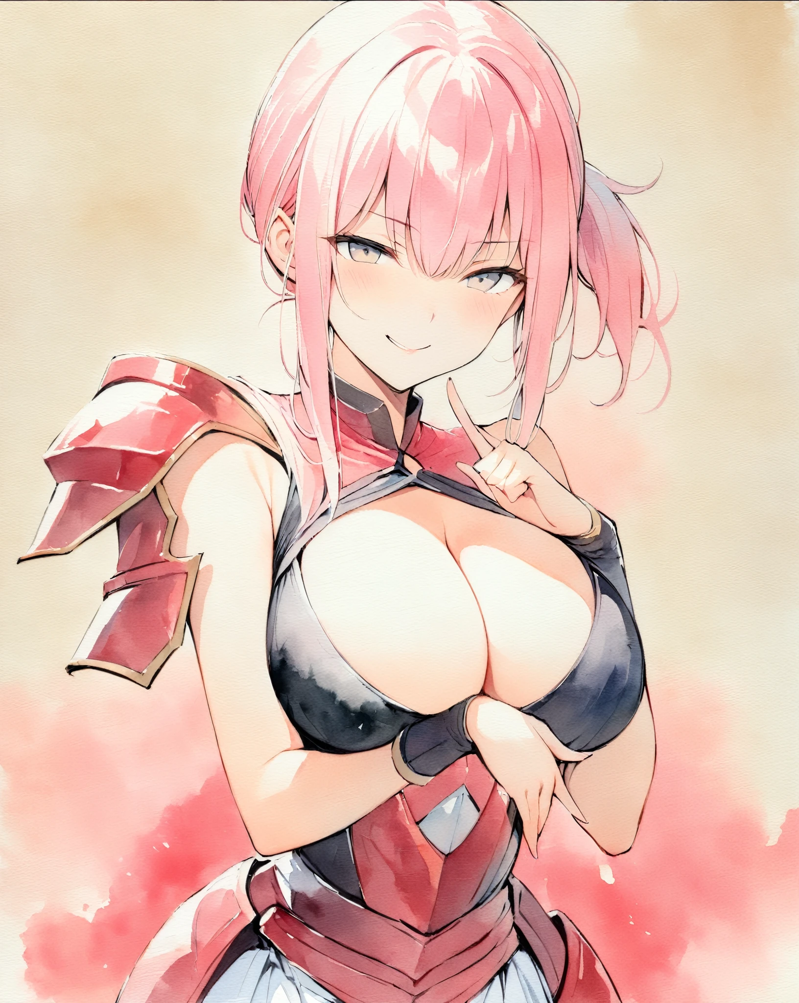 masterpiece, Best quality, watercolor (medium), 1girl, , Solitary, Single ponytail, Cleavak picks dye pink hair, Delicate gray eyes, Bangs, jewelry, skirt, Bare shoulders, sleeveless, Hair between the eyes, 单Scapula, looking at the audience, Photo poses, Hand gesture with index and middle finger raised, large breast, armor,der armor, sleeveless skirt, Upper Body, Single sleeve, white skirt, Scapula, Naughty smile, , Tiger Teeth