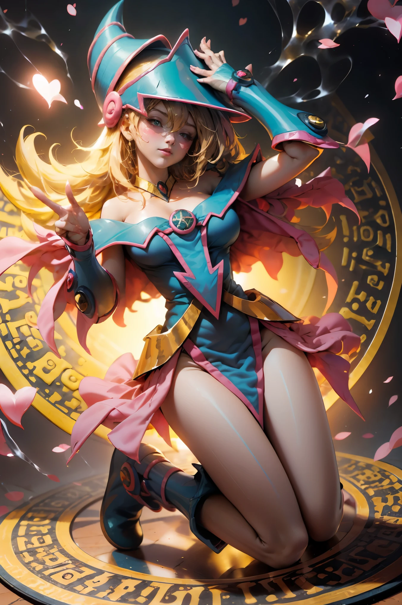 (Obra maestra:1.2), (La mejor calidad:1.2), Perfect lighting, Chica Maga Oscura lanzando un hechizo, flotando en el aire, tetas grandes, escote, fondo de magia. Corazones transparente en el hambiente, bata azul, sombrero grande, desde arriba, Destellos, Yugioh Card en el fondo. En tacones y en bikini
