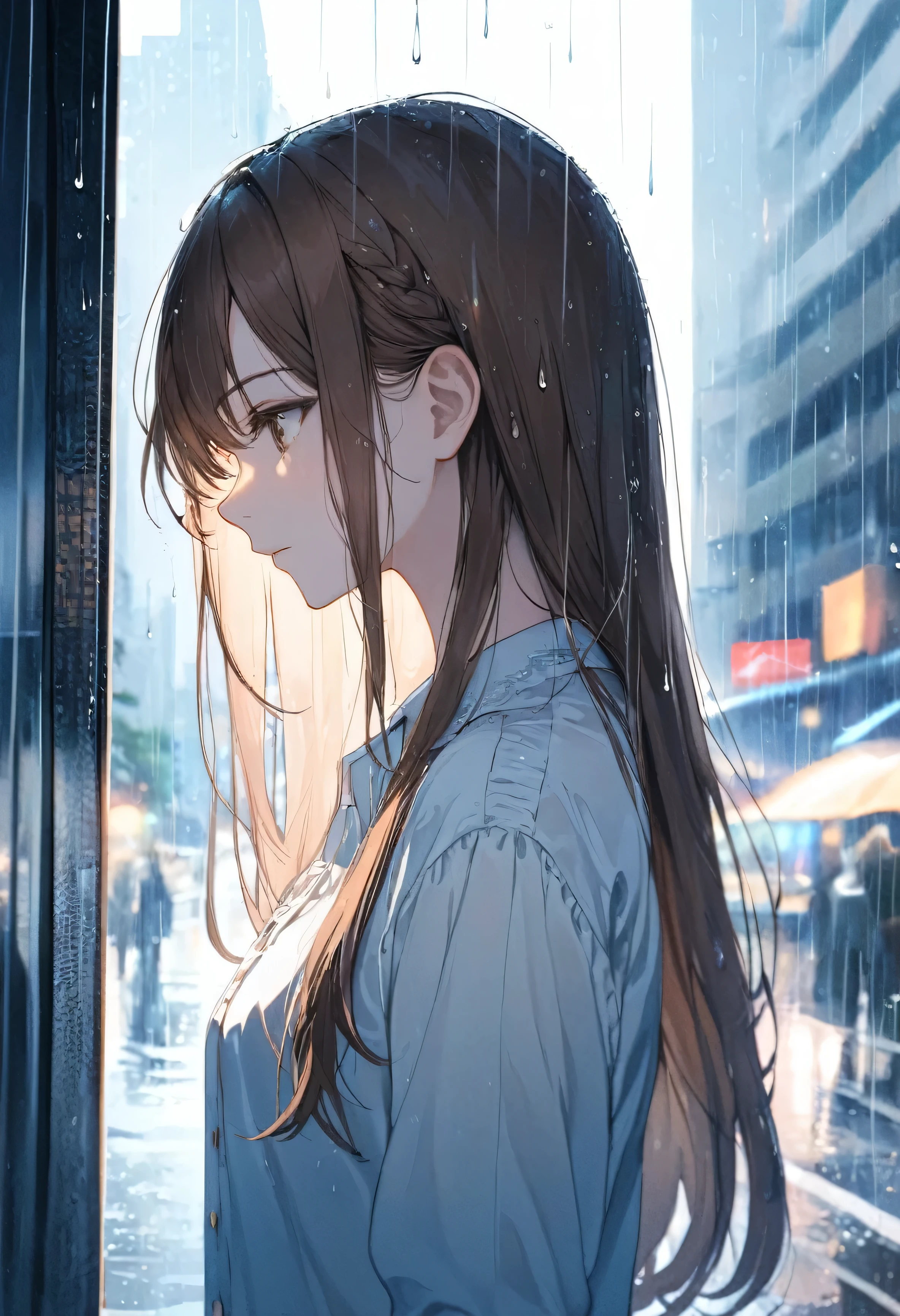 One girl, profile, When you look to the side, Depth of written boundary, Long Hair, French Braid, Straight hair, Portraiture, Modern City, blouse, Brown Hair, Look down, rain, raindrop, Lens flare, sunlight, eyeliner, eye shadow, masterpiece, highest quality